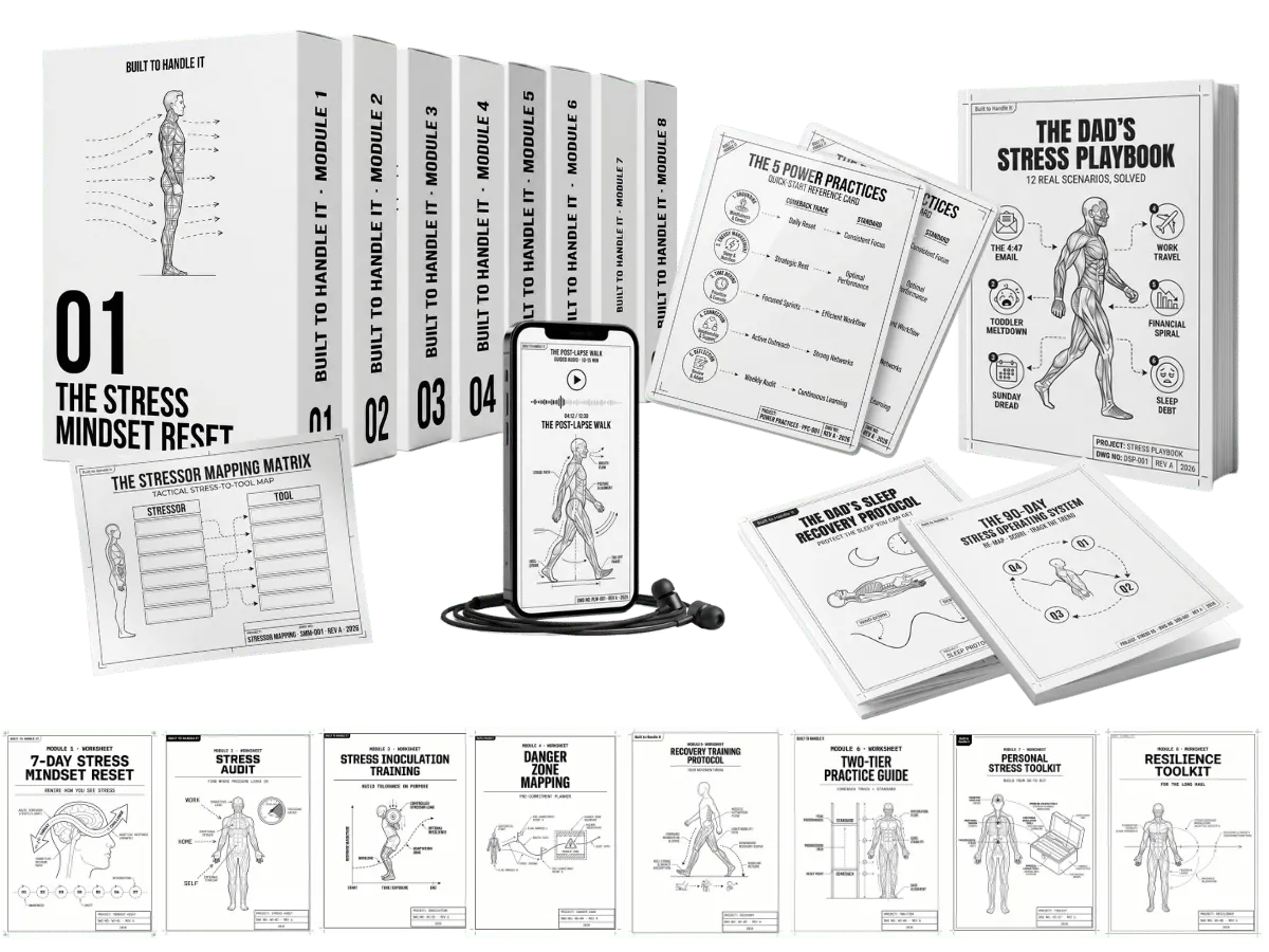 The full Built to Handle It suite — all 8 module boxes, the Dad's Stress Playbook, the 5 Power Practices cards, the Stressor Mapping Matrix, the Post-Lapse Walk guided audio, the Sleep Recovery Protocol, the 90-Day Stress Operating System, and all 8 module worksheets