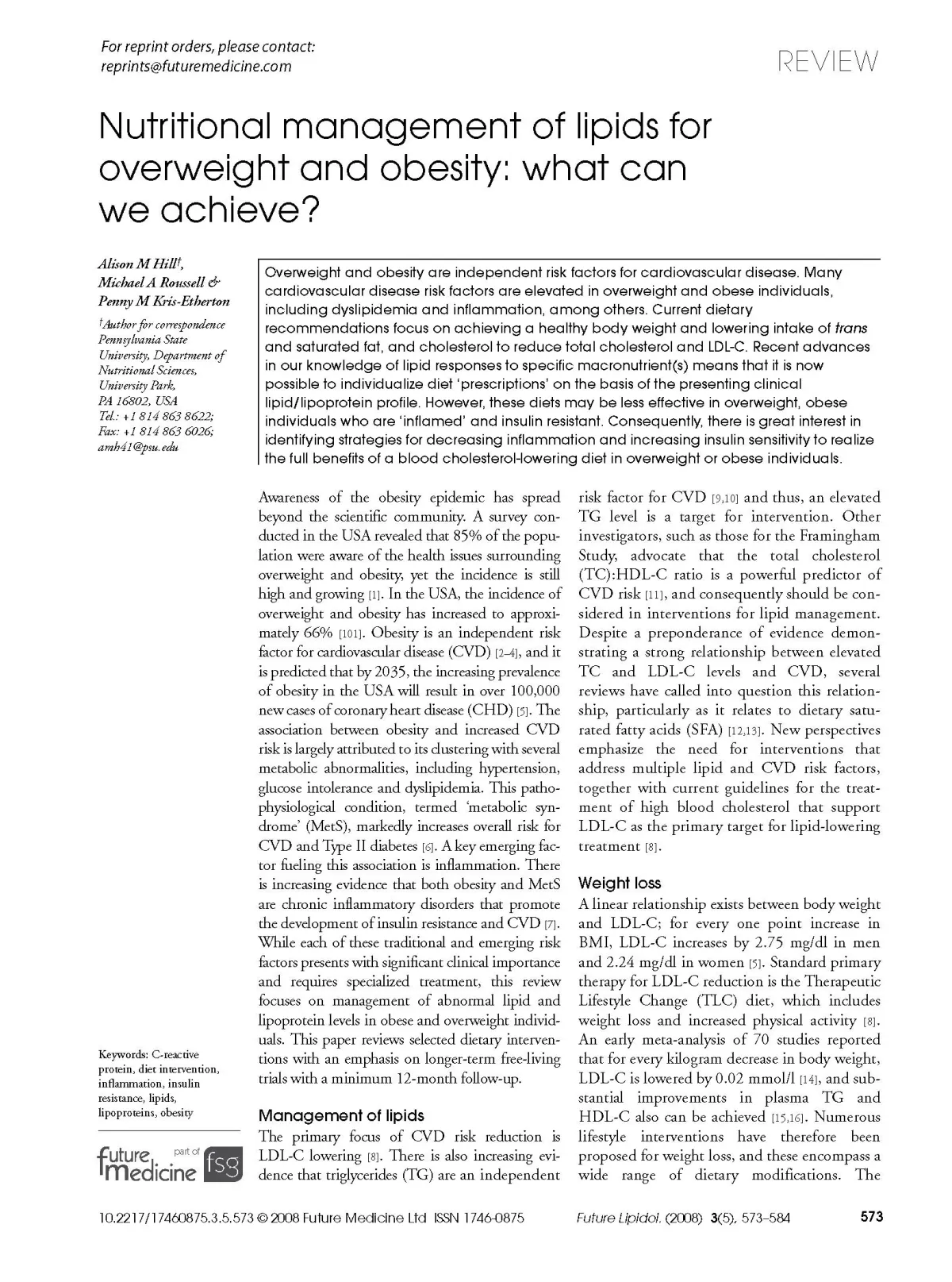 Nutritional management of lipids